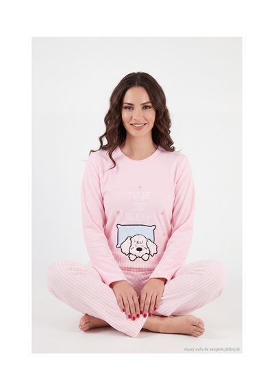 Lela Çizgili Yumuşak Kışlık Polar Pijama Takımı Kadın Pijama Takımı 6575030 Pembe