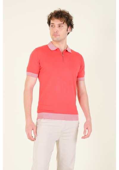 Giyim Dünyası Erkek Renkli Yaka Yarım Fermuarlı Polo Yaka Merserize T-shirt Mercan 001