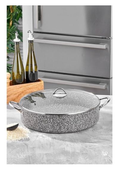 Taç Ultra Granit Basık Tencere Metal Saplı 36 Cm Açık Gri