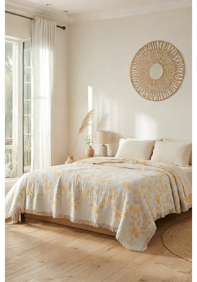 Soleil Bloom 5 Kat Dolgulu Müslin Çift Kişilik Yatak Örtüsü Pike Koltuk Örtüsü %100 Pamuk Çiçek Desenli 220x240 Cm Sarı