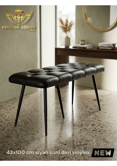 By Hakan Aşkın Stella 43x100 Cm Puf&bench Yatak Önü - Antre - Salon - Oturma Odası Siyah Deri Stl01