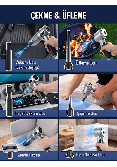 Çantalı 20000pa 6000mah Araç İçi Süpürge 100w Katlanabilir Şarjlı Vakum Üfleme Fonksiyonlu Gri