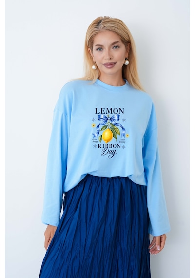 Medinenur Limon Baskılı Uzun Kollu Tesettüre Uygun Body Mavi