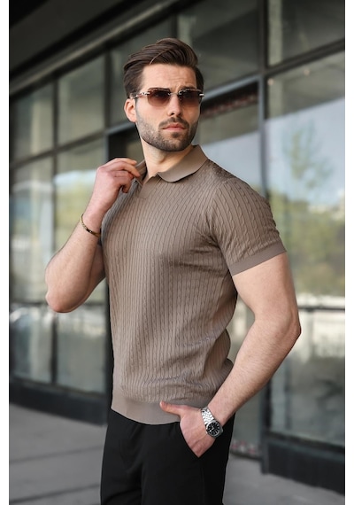 Madmext Açık Kahverengi Slim Fit Polo Yaka Triko Erkek Tişört E7472