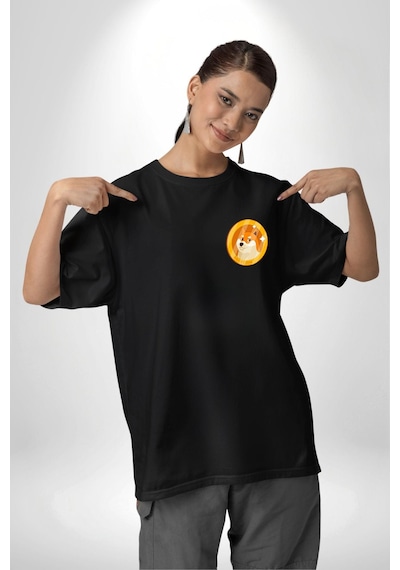 Doge Coin Siyah Oversize Unisex Ön Sol Yan Minimal Baskılı Tişört Koyu Siyah