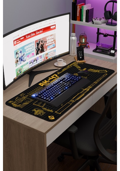 Ak 47 Siyah Kalaşnikov Cs Dikişli Kauçuk Oyuncu Mousepad - 90x40 Gaming Mouse Pad Ak-47 Sarı
