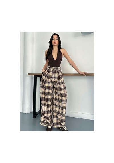 Asur Boutique Asur Butik Kadın Fular Detaylı Ekose Pantolon Bej