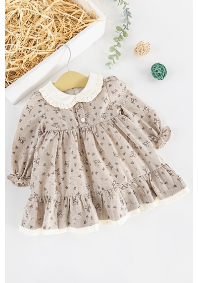Babymod Çiçek Desenli Bebe Yakalı Keten Kız Bebek Elbise 001