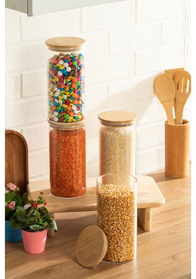 Porsima 3-4 Bambu Borosilikat Vakumlu Kapaklı Yuvarlak Cam 4lü Kavanoz Seti Saklama Kabı 1650ml 10x25cm