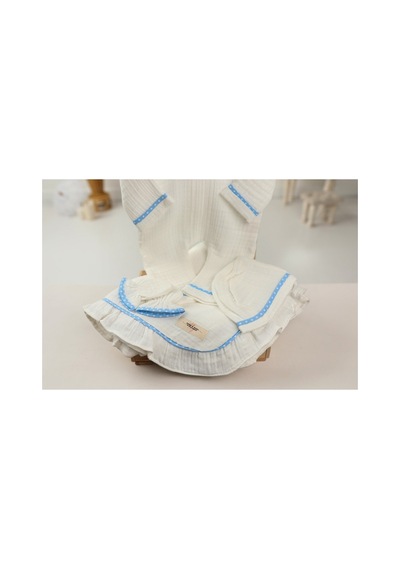 Tlyhometextiles 4 Lü Müslin Hastane Çıkışı Seti Mavi Puantiyeli %100 Pamuk, 0-3 Ay