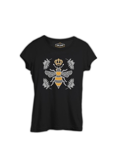 Queen Bee And Leaves Siyah Kadın Tshirt 001