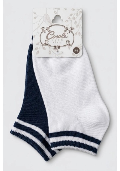 Cocole Socks Erkek Çocuk Patik Çorabı 2 Li Set Pamuklu Beyaz & Lacivert Çizgi Detaylı Çok Renkli