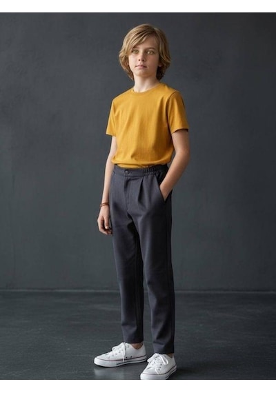 Zekids Erkek Çocuk Pamuklu Rahat Kalıp Duble Paça Eşofman Altı-16626 Füme