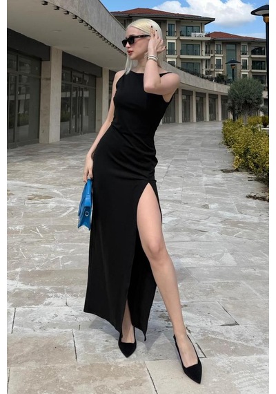 Madmext Siyah Maxi Boy Yırtmaç Detaylı Kadın Elbise Mg2367 Siyah