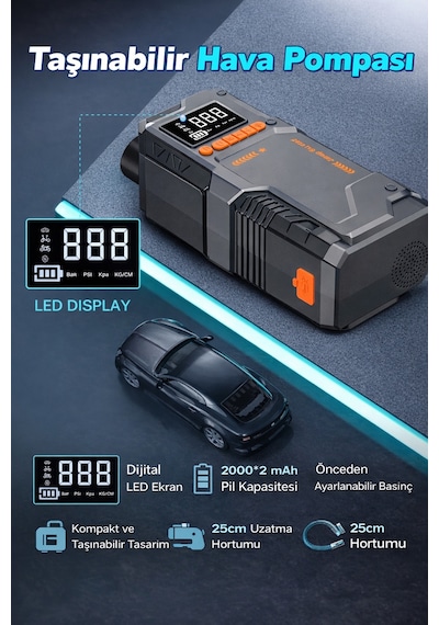 10000 Mah Akü Takviye & Hava Kompresörü 150 Psı Dijital Şarjlı Lastik Şişirme Cihazı