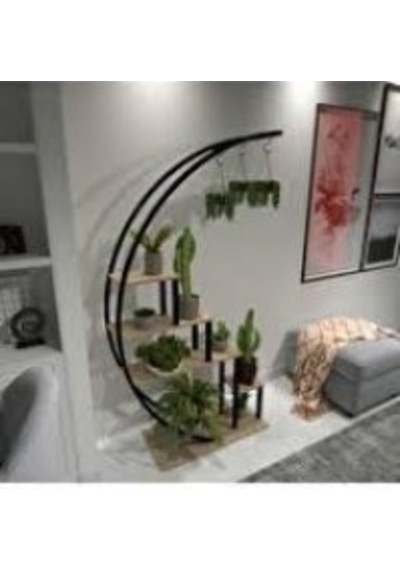 Asvera 28-018 Büyük C Tipi Dekoratif Metal Ahşap Çiçeklik - 180 Cm Dev Saksı Standı Rafı