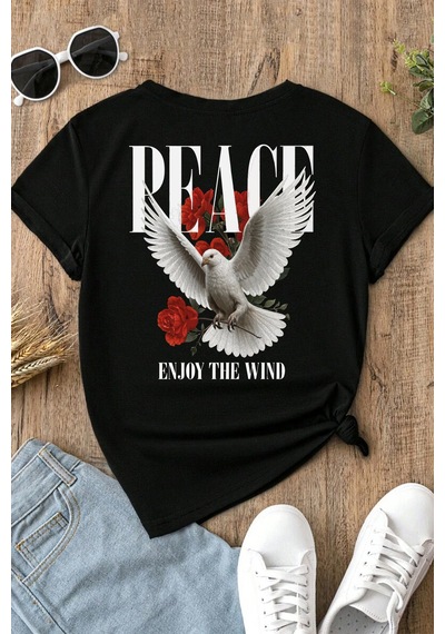 Spoyi Peace Bloom Tasarımlı %100 Pamuk Yarım Oversize Siyah T-mhirt