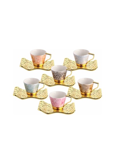 Türk Kahvesi Fincan Takımı Lüks 6 Kişilik Metal Renkli-gold Selçuklu Model Altın