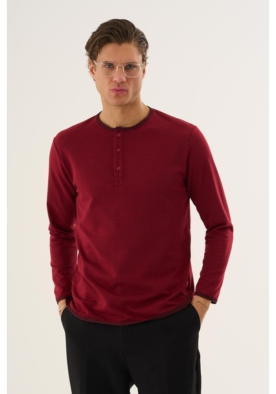 Alexandergardi Waffle Kumaş Düğmeli Yaka Uzun Kollu Sweatshirt Bordo