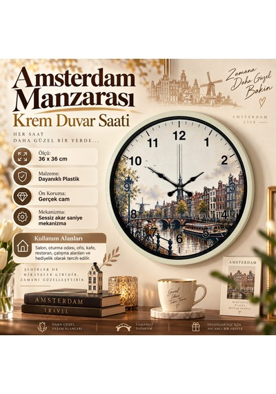 Almira Duvar Saati Amsterdam Manzarası 36 X 36 Cm Krem Duvar Saati