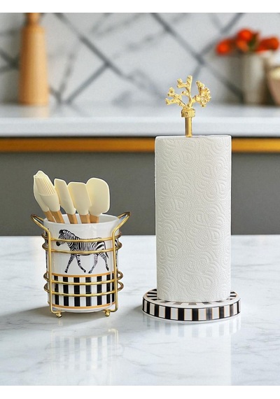 Kaşıklık - Kağıt Havluluk 2 Li Set Zebra At Desen Gold Siyah