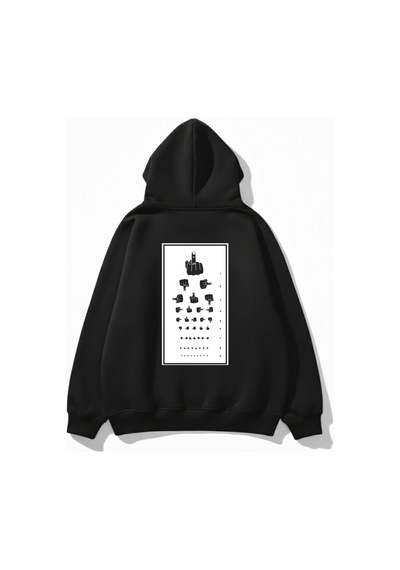 Uyguntarz Unisex Yumuşak Dokulu Göz Testi Baskılı Tasarım Oversize 3 İplik Hoodie Sweatshirt siyah