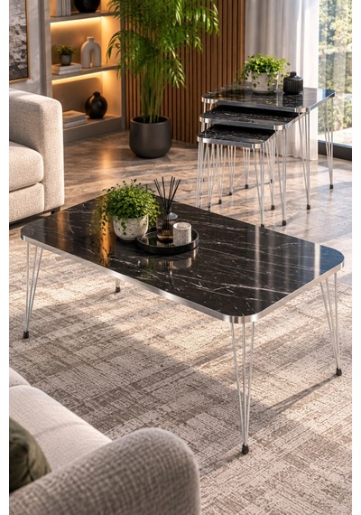 Sulorahome Siyah 4'lü Sehpa Seti Gümüş Metal Ayaklı