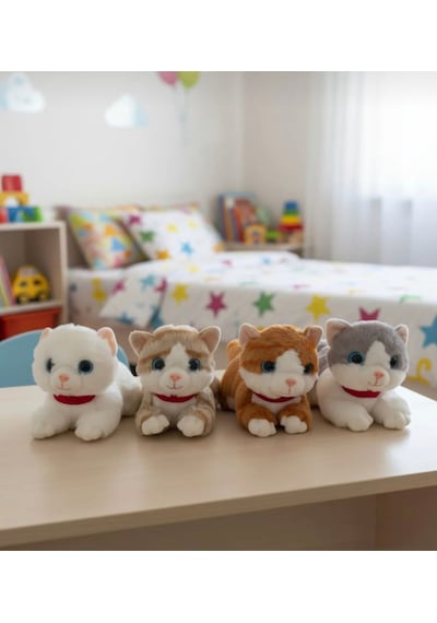 Sevimli Kedi Peluş Yavru Kedi Sesli Miyavlayan Peluş Kedi Uyku Arkadaşı 30 Cm Bej