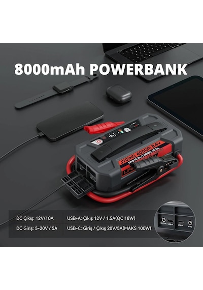 Lokithor J701hd 24v 4000amp Li-polimer Akıllı Akü Takviye + Powerbank + Led Lamba
