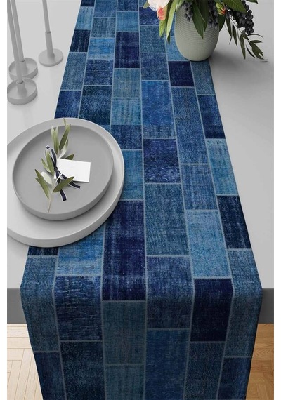 Mavi Patchwork Desenli Premium Masa Örtüsü Runner Rnr297n11