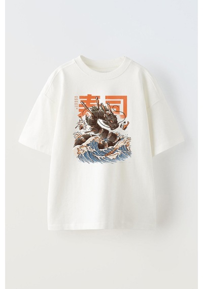 Thewert Unisex Sushi Dragon Tasarım Baskılı Pamuk Beyaz Oversize T-shirt