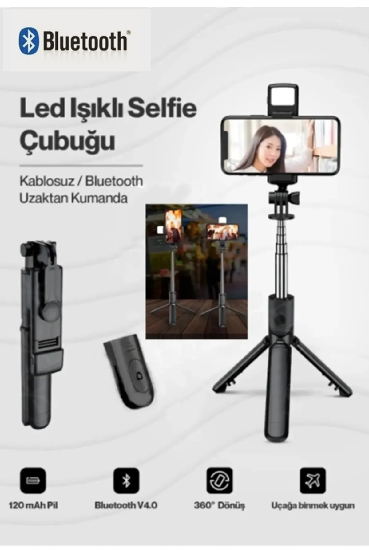 Abatech S03 Led Işıklı Tripod Bluetooth Kumandalı Üçü Birarada Selfie Çubuğu Monopod