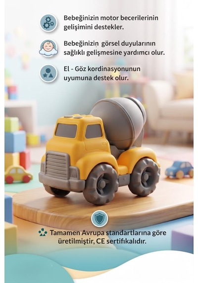 Eğitici Ve Güvenli Oyuncak Beton Mikseri Gerçekçi Tasarımlı Dönebilen Kazanlı 15 Cm Oyuncak Mikser