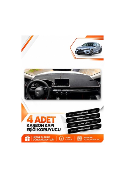 Honda Cıvıc Fe1 2022-2026 Uyumlu Ön Torpido Koruma Kılıfı Halısı Koruyucu - Siyah Gri