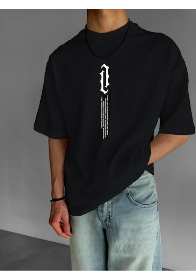 Dik Yazı Baskılı Oversize Tişört SIYAH