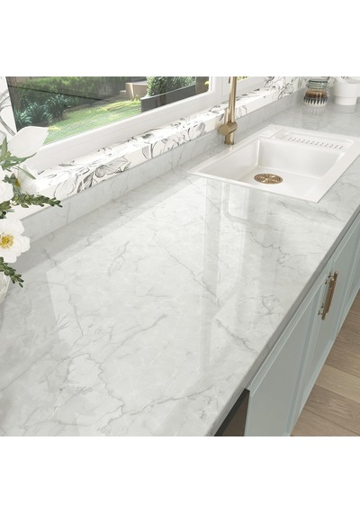 Hotdecor Mobilya Folyosu, Kendinden Yapışkanlı, Yıkanabilir Duvar Kağıdı, Mutfak, Gri Beyaz, Mermer Folyo, Tezgah