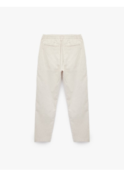 Koton Keten Pamuk Karışımlı Cep Detaylı Beli Bağcıklı Çizgili Chino Pantolon Bej Desenli 5sam40075hw Ekru