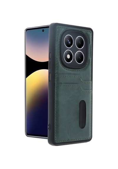 Xiaomi Redmi Note 14 Pro 5g Uyumlu Deri Kartvizitli Kartlıklı Premium Telefon Kılıfı Kapak Koyu Yeşil