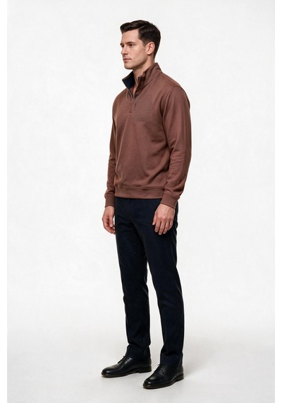 Legato Erkek Dik Yaka Yarım Fermuarlı Pamuk Karışımlı Uzun Kollu Sweatshirt Kiremit