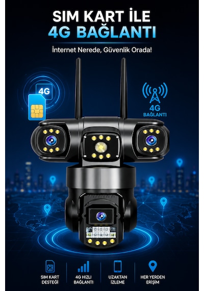 3 Kameralı 4g Sim Kartlı Adaptörlü Gece Görüşlü Hareket Takipli Güvenlik Kamerası