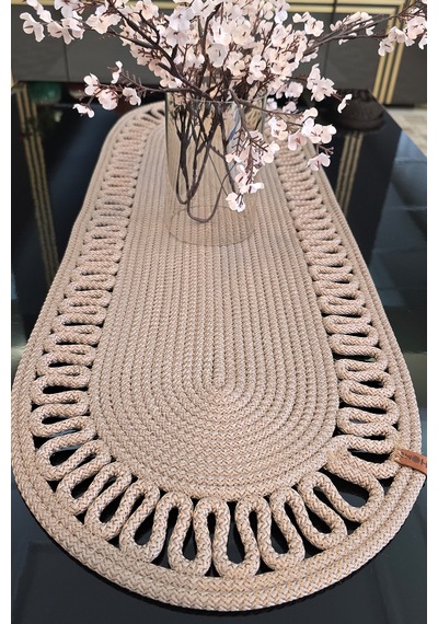 Dekoratif Örgülü 35x100 Cm Runner Şık Masa Orta Sehpa Üstü Dekoratif Sofra Aksesuarı Vizon