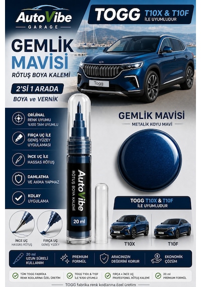 Togg Gemlik Mavisi Rötuş Boyası Kalemi T10x & T10f 2'si 1 Arada Tam Uyumlu