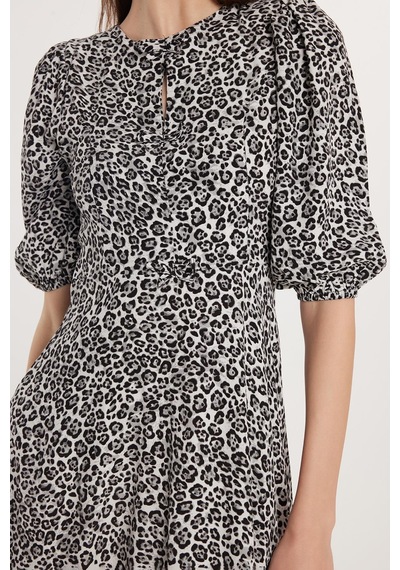 Tudors Kadın Regular Fit Klasik Kesim Balon Kol Leopar Desenli Elbise-33594 Multi