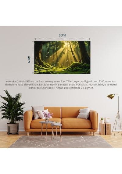 Doğa Ve Manzara Yatay Ağaçlar Güneş Işıkları Derin Orman Yemyeşil Yosun Kaplı Zemin Uçan Kuşlar 01 Çerçevesiz 90x60cm Pvc Tablo