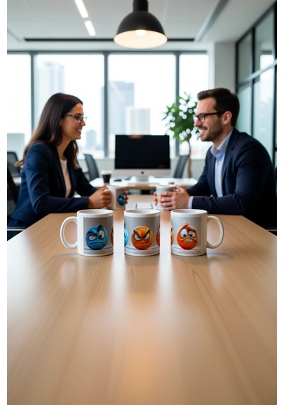 Seramik Kupa Duygusal Emoji Karakterler Baskılı 300 Ml Hediyelik Beyaz