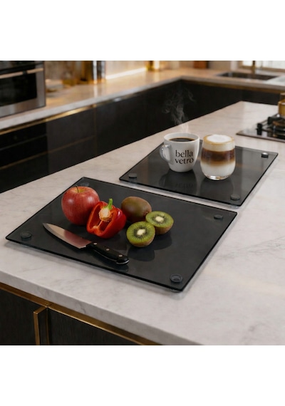 2'li Temperli Cam Kesme Tahtası 20x30 & 25x35 Cm Hijyenik Mutfak Doğrama Camı Kesme Tablasıı Bella Vetro Füme