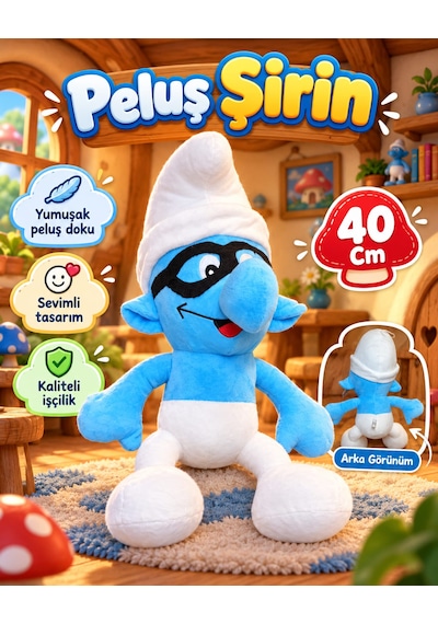 Oyuncak Peluş Şirinler Şirin Baba-şirine-gözlüklü Şirin-gülen Şirin Sevimli Oyun Arkadaşı Hediyelik 40 Cm Mavi - Siyah