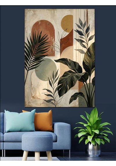 Pastel Tonlarda Modern Bitki Kolajı Dekoratif Kanvas - Mdf Ahşap Tablo