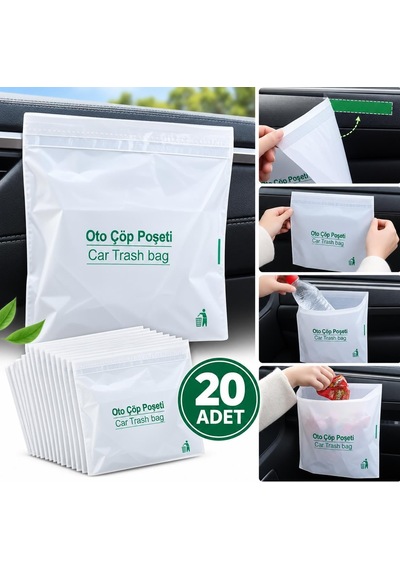 20 Adet Yapışkanlı Oto Çöp Poşeti 23x18,5 Cm Su Geçirmez Sızdırmaz Araç Pratik Çöp Torbası