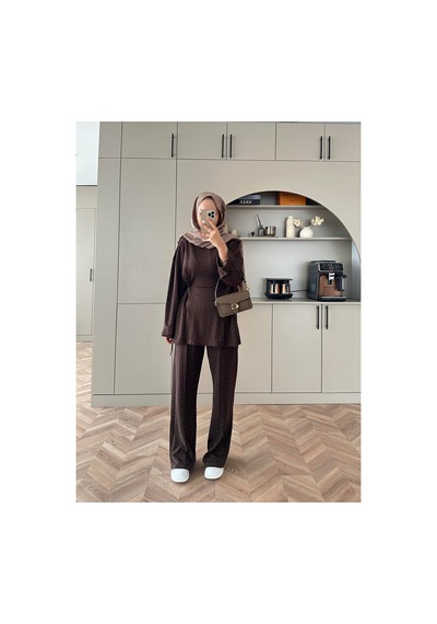 Unika Boutique Melora Scuba Taşlı Tesettür Alt Üst Takım Kahverengi